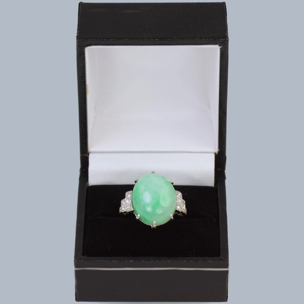 Art Deco 1920s Platinum Jadeite & Diamond Ring • Natural 15ct Green Jade with Gem Report View XIX