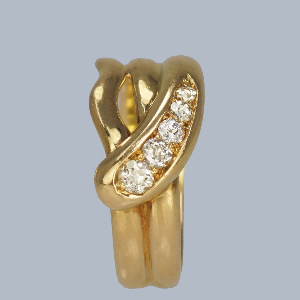 Victorian 18ct yellow gold coiled serpent ring set with five graduated old cut diamonds along the snake head. View VI