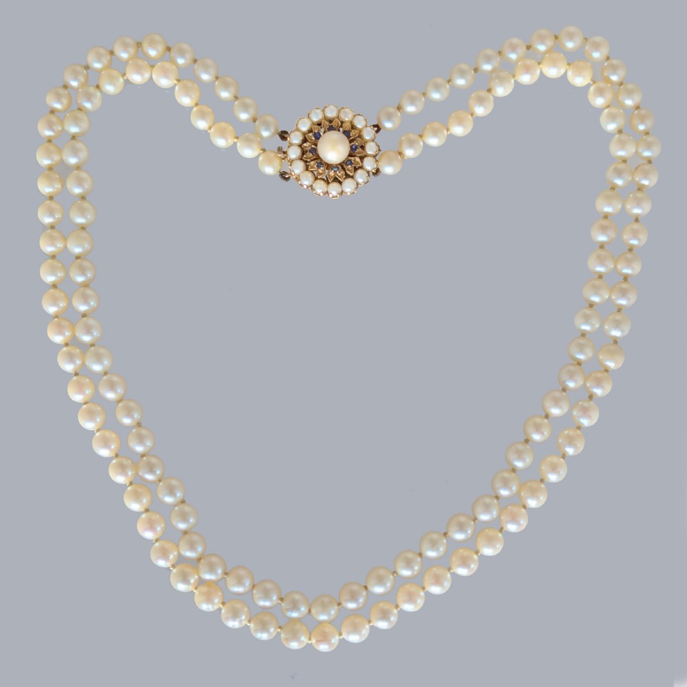 Vintage 1950s Double Strand Pearl Necklace with 9ct Gold Sapphire Clasp