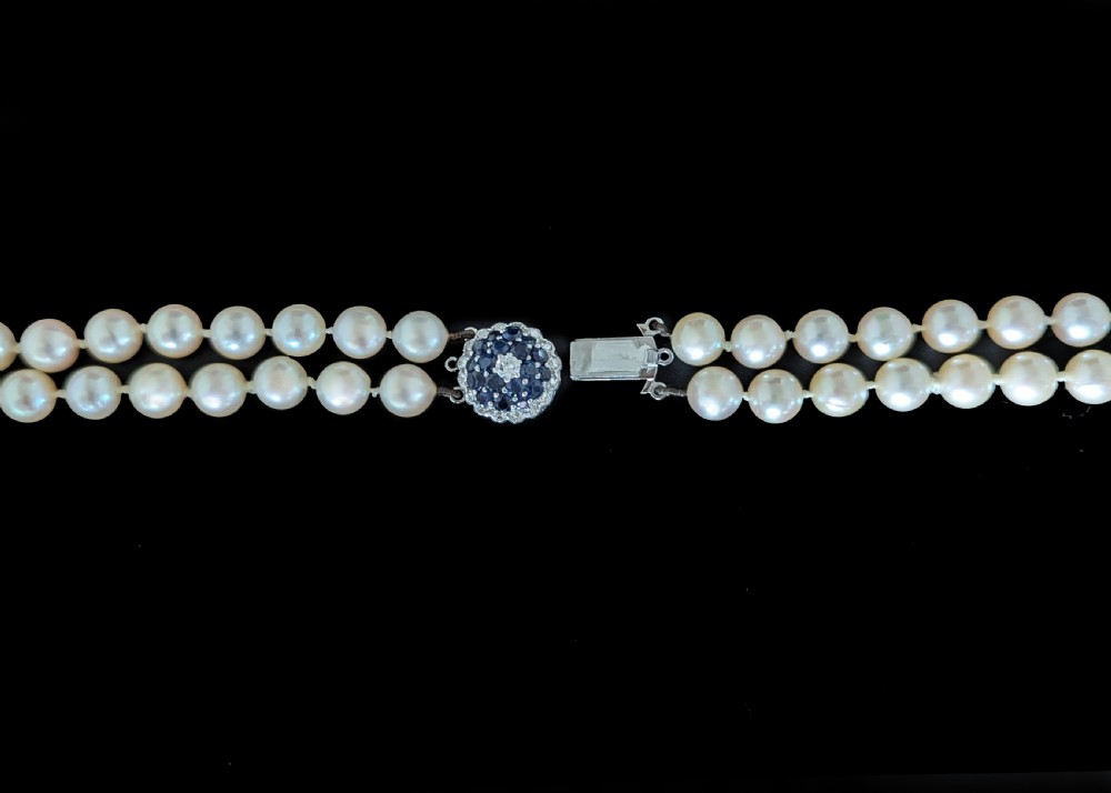 Vintage 9ct Gold Sapphire & Diamond Clasp Double Strand Pearl Necklace, c.1960 View IV