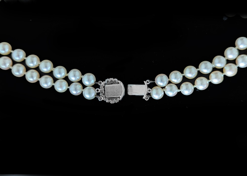 Vintage 9ct Gold Sapphire & Diamond Clasp Double Strand Pearl Necklace, c.1960 View V