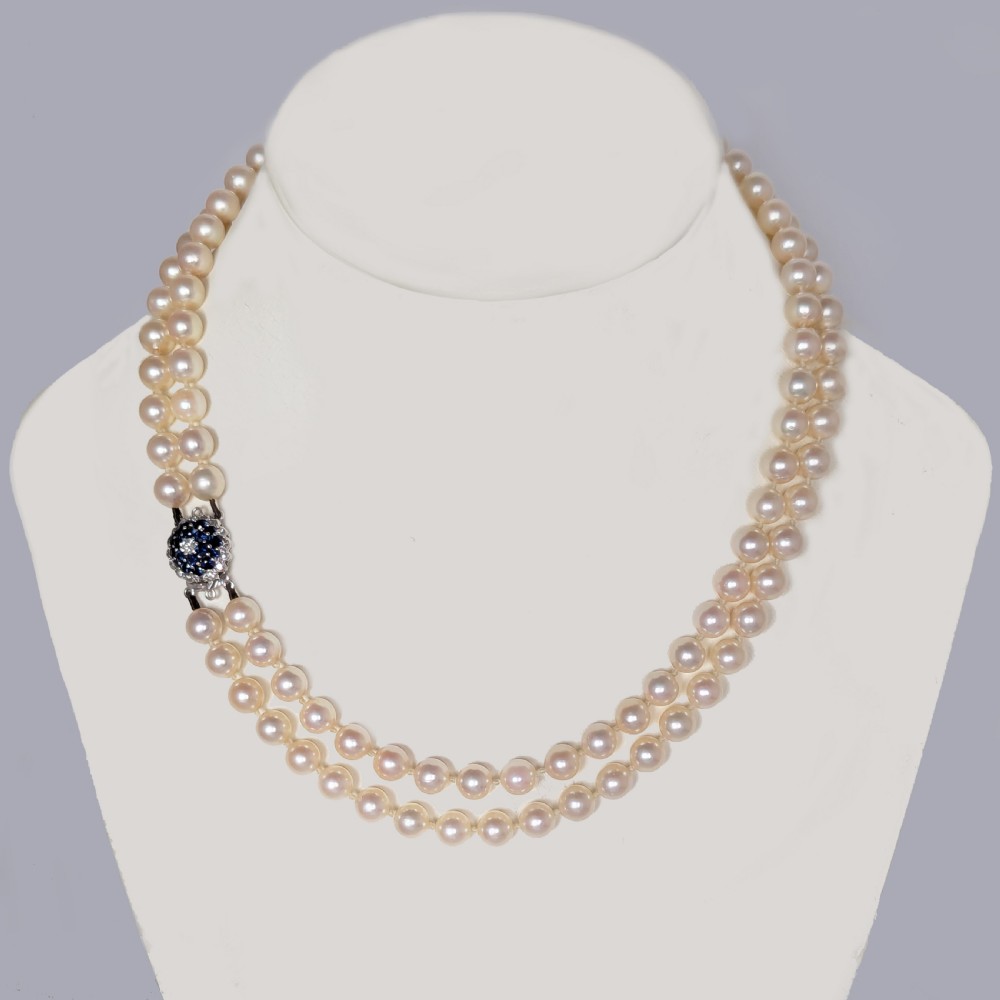 Vintage 9ct Gold Sapphire & Diamond Clasp Double Strand Pearl Necklace, c.1960 View VII