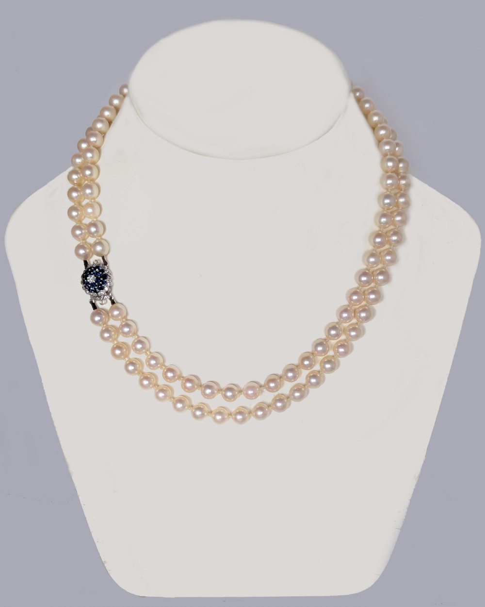 Vintage 9ct Gold Sapphire & Diamond Clasp Double Strand Pearl Necklace, c.1960 View VIII