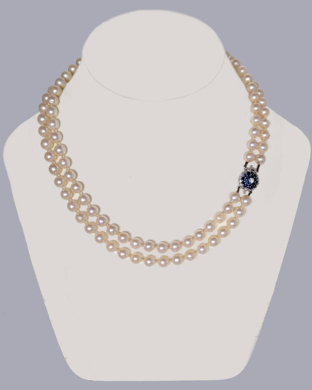 Vintage 9ct Gold Sapphire & Diamond Clasp Double Strand Pearl Necklace, c.1960 View IX