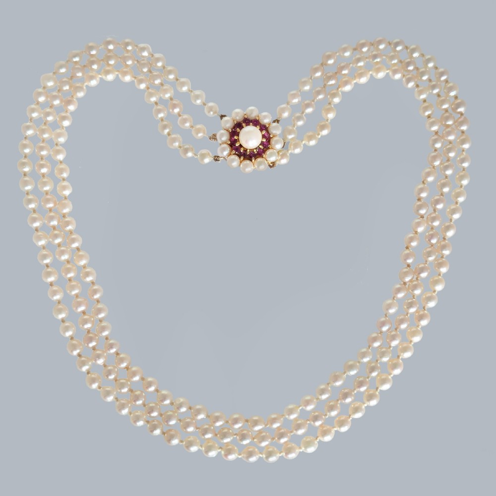 Vintage Triple Strand Pearl Necklace, 9ct Gold Ruby Floral Cluster Clasp London 1965