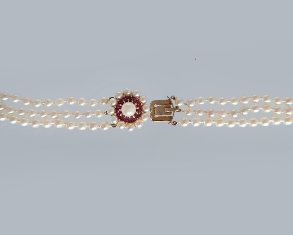 Vintage Triple Strand Pearl Necklace, 9ct Gold Ruby Floral Cluster Clasp London 1965 View VI
