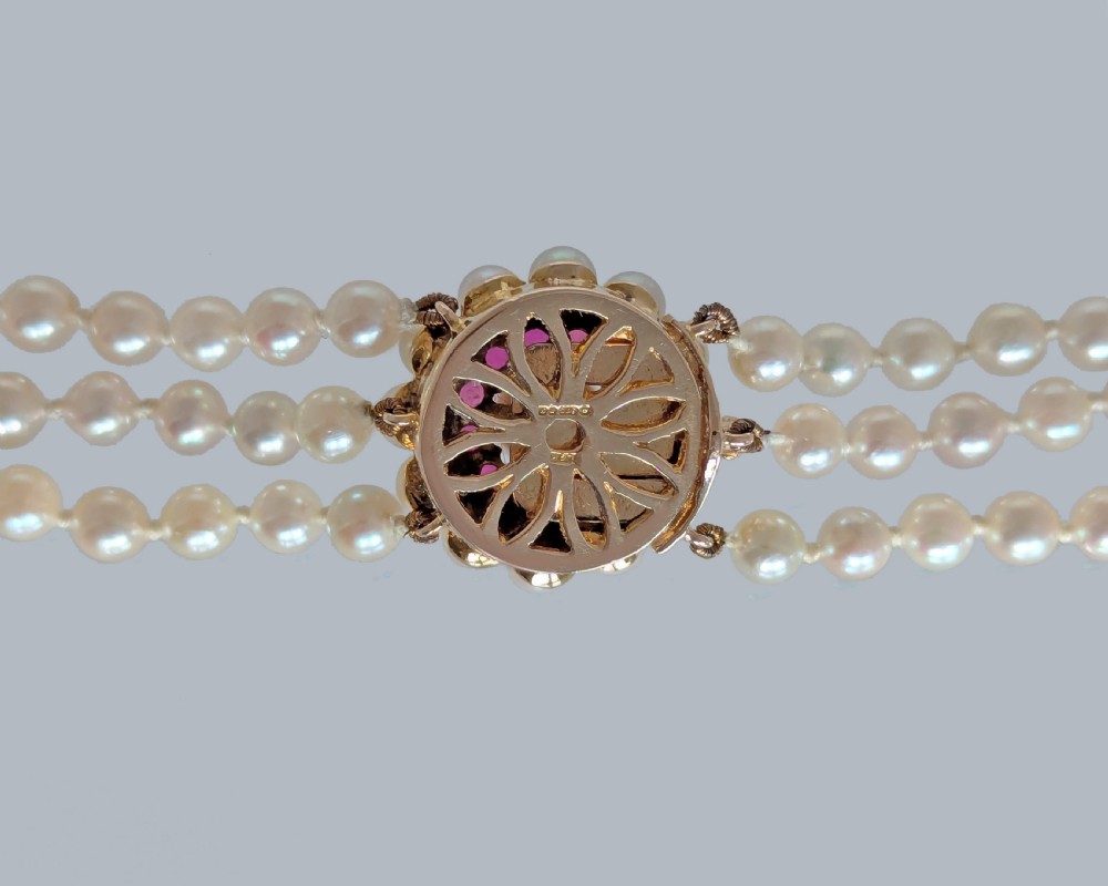Vintage Triple Strand Pearl Necklace, 9ct Gold Ruby Floral Cluster Clasp London 1965 View VII