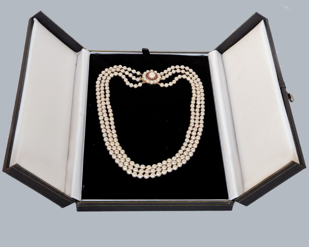 Vintage Triple Strand Pearl Necklace, 9ct Gold Ruby Floral Cluster Clasp London 1965 View VIII