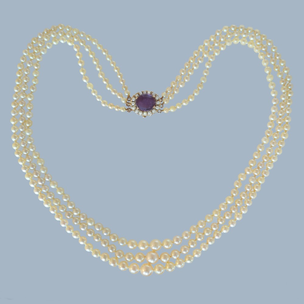 Triple Strand Cultured Pearl Necklace, 9ct Gold & Amethyst Clasp, Hallmarked London 1962