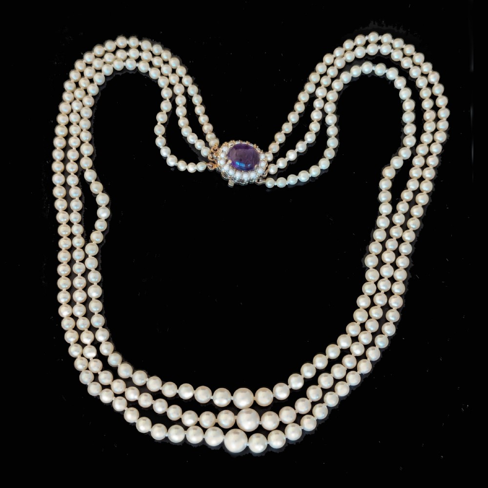 Triple Strand Cultured Pearl Necklace, 9ct Gold & Amethyst Clasp, Hallmarked London 1962 View III