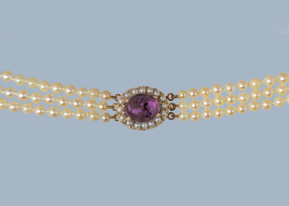 Triple Strand Cultured Pearl Necklace, 9ct Gold & Amethyst Clasp, Hallmarked London 1962 View IV