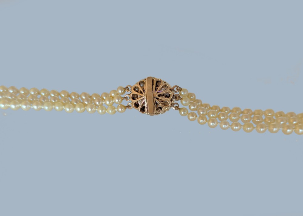 Triple Strand Cultured Pearl Necklace, 9ct Gold & Amethyst Clasp, Hallmarked London 1962 View V