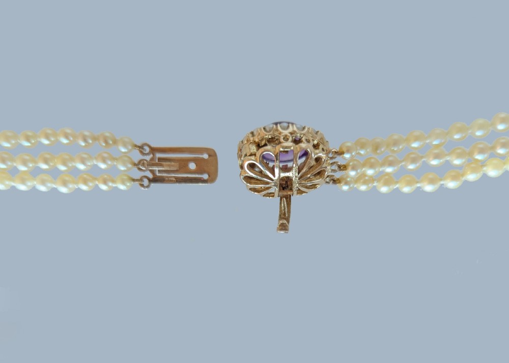 Triple Strand Cultured Pearl Necklace, 9ct Gold & Amethyst Clasp, Hallmarked London 1962 View VI
