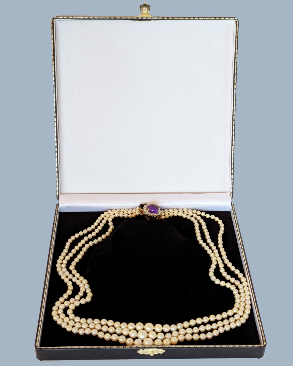 Triple Strand Cultured Pearl Necklace, 9ct Gold & Amethyst Clasp, Hallmarked London 1962 View XI