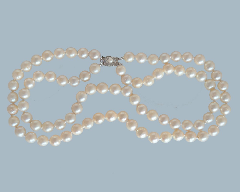 Mid-20th Century Double Strand Pearl Necklace with Silver Clasp 16” Restrung View V