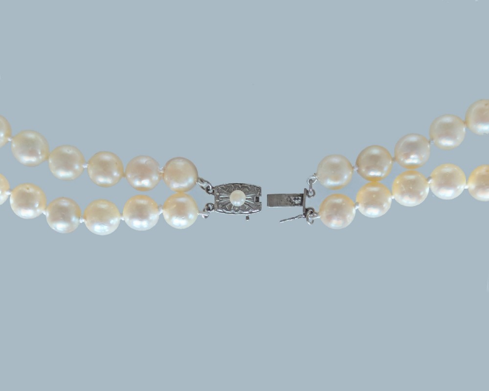 Mid-20th Century Double Strand Pearl Necklace with Silver Clasp 16” Restrung View VIII