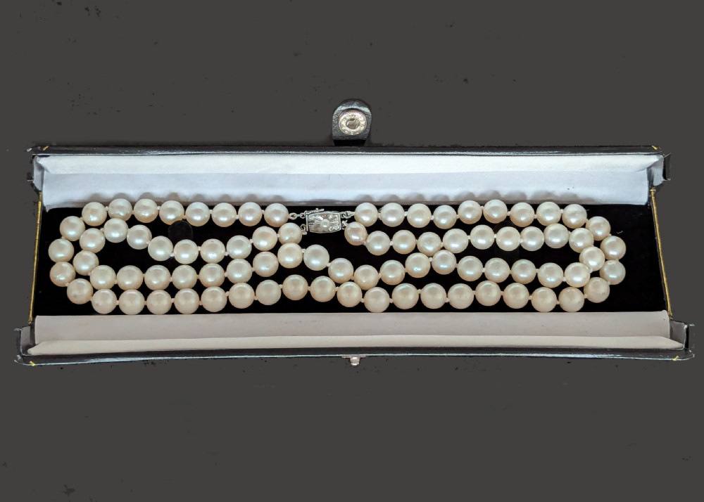 Mid-20th Century Double Strand Pearl Necklace with Silver Clasp 16” Restrung View IX