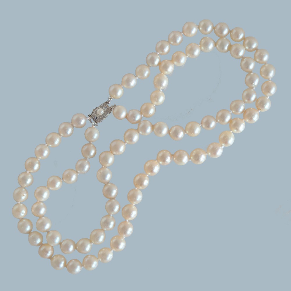 Mid-20th Century Double Strand Pearl Necklace with Silver Clasp 16” Restrung View XI
