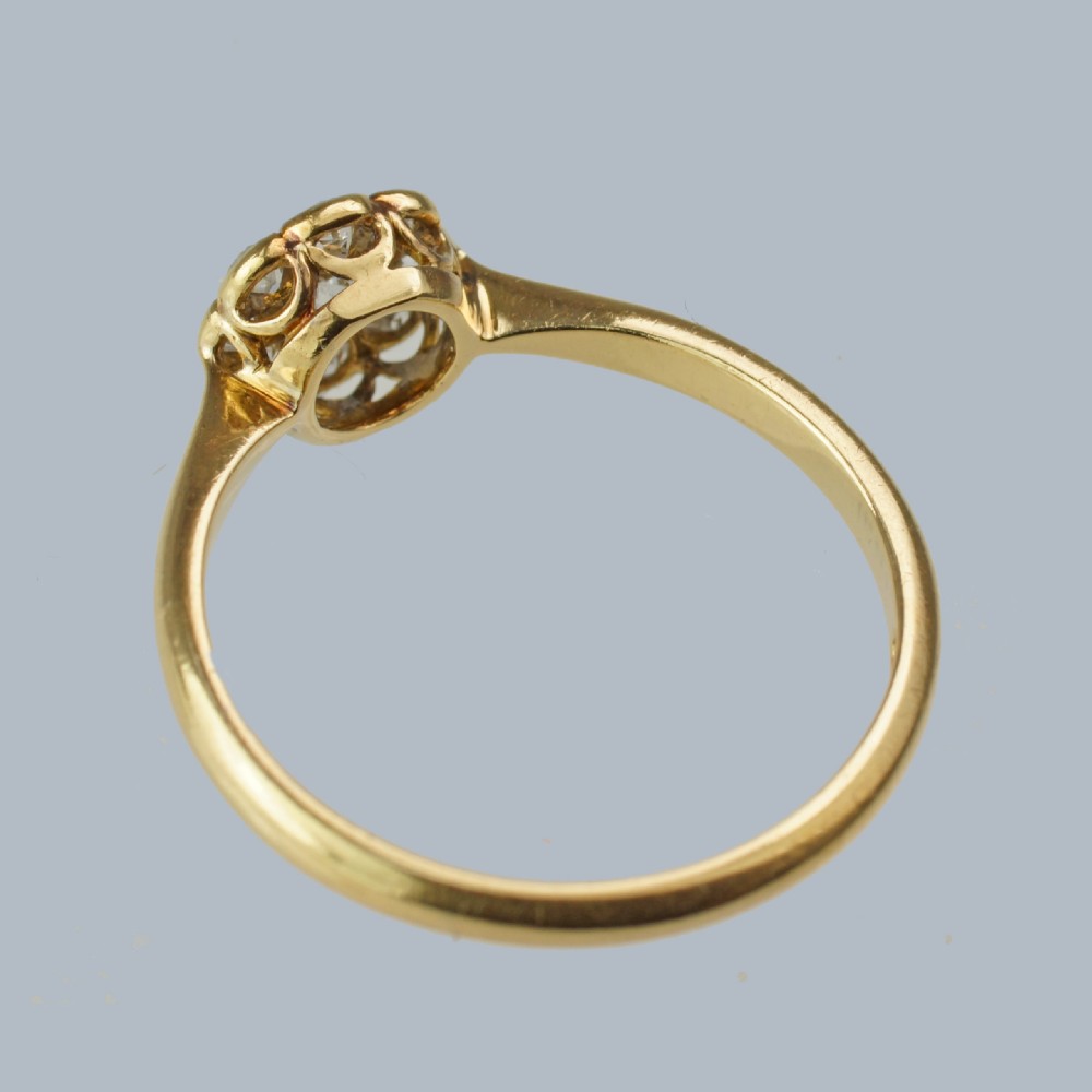 An Edwardian diamond cluster ring featuring a central old European cut diamond surrounded by eight smaller diamonds set in platinum on a yellow gold band. View IX