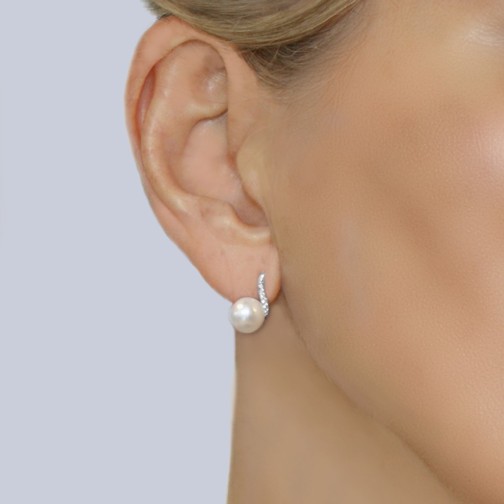 Mid-Century Diamond and Pearl Earrings in 18ct White Gold 1960s French Stud Earrings View II