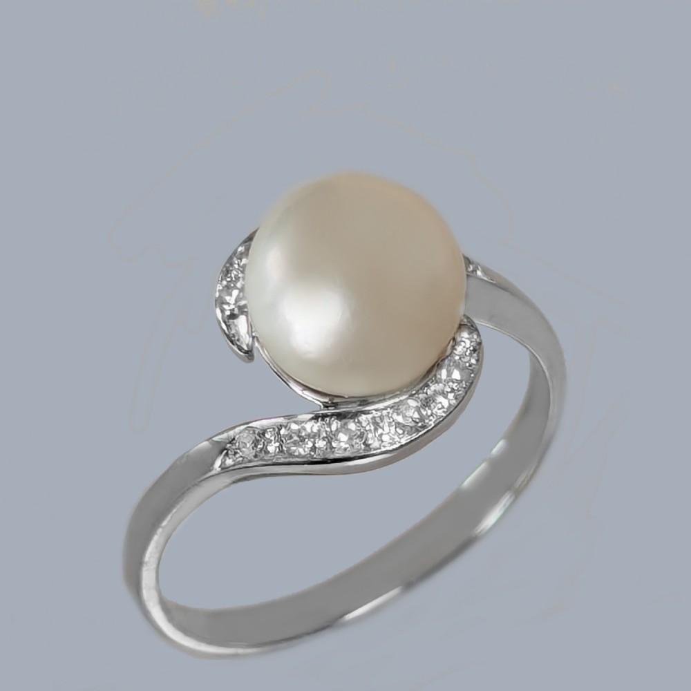 A 1950s 18ct white gold bypass ring featuring a central cream pearl enveloped by a swirling band set with small round diamonds. View III