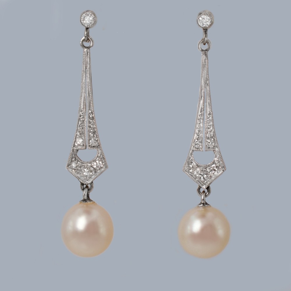 Art Deco Pearl and Diamond Earrings 1920s | Antique Drop Earrings in 18ct Gold