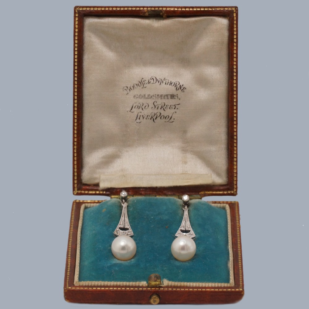 Art Deco Pearl and Diamond Earrings 1920s | Antique Drop Earrings in 18ct Gold View II