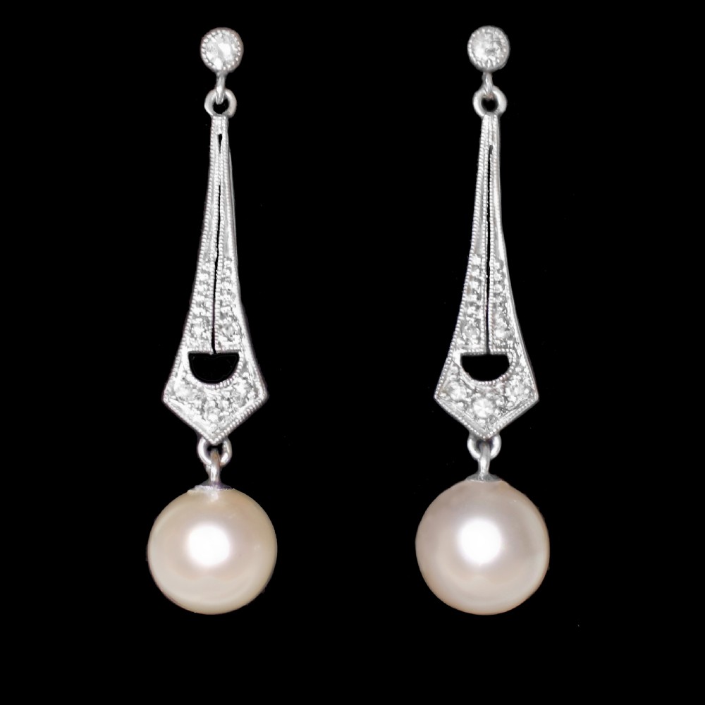Art Deco Pearl and Diamond Earrings 1920s | Antique Drop Earrings in 18ct Gold View IV