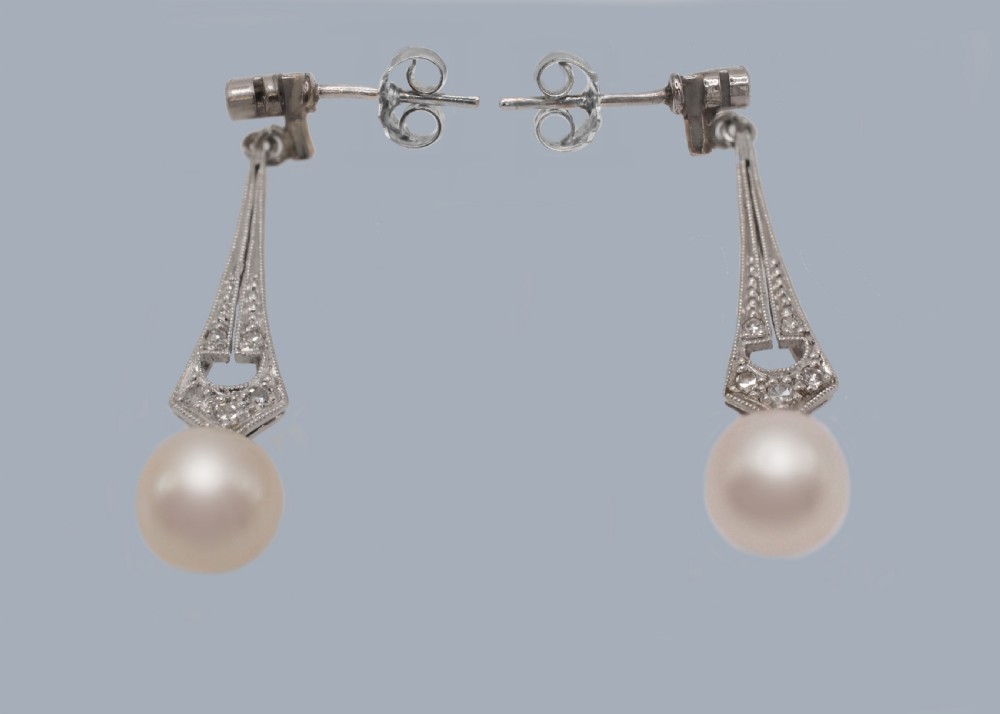Art Deco Pearl and Diamond Earrings 1920s | Antique Drop Earrings in 18ct Gold View V