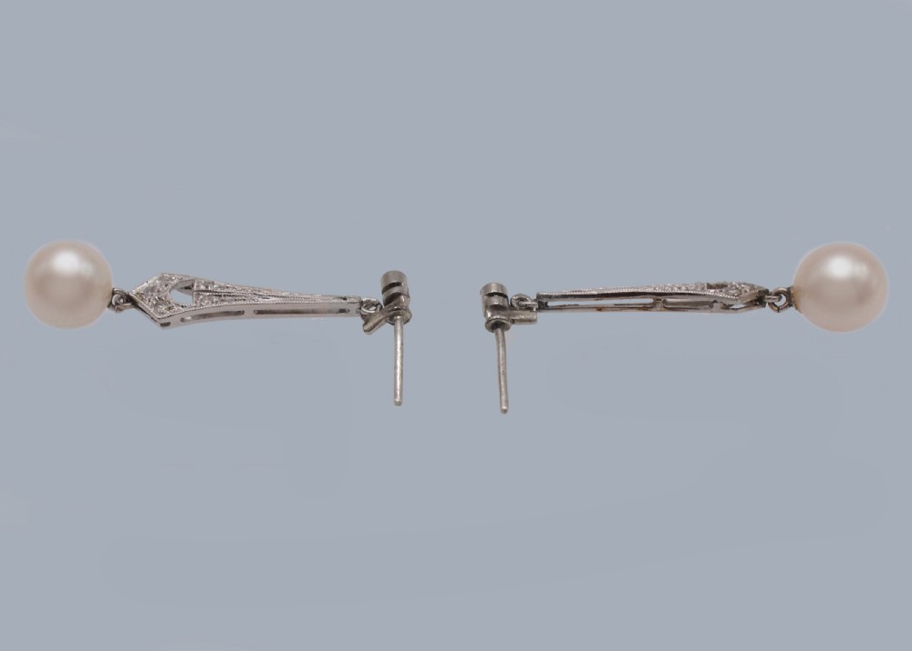 Art Deco Pearl and Diamond Earrings 1920s | Antique Drop Earrings in 18ct Gold View VII