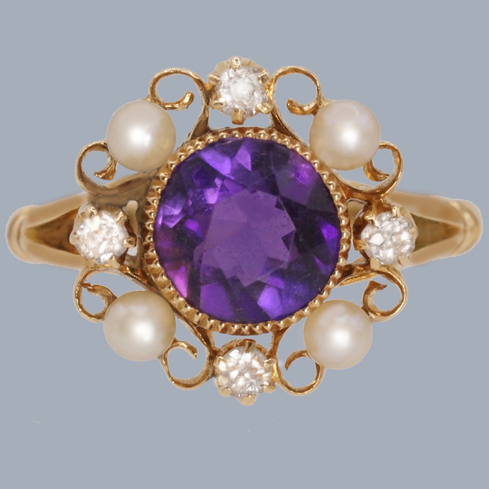 Amethyst, Pearl and Diamond Cluster Ring in 18ct Gold 1950s Victorian Revival