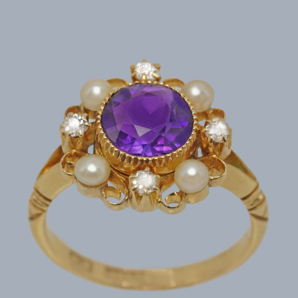 Amethyst, Pearl and Diamond Cluster Ring in 18ct Gold 1950s Victorian Revival View III