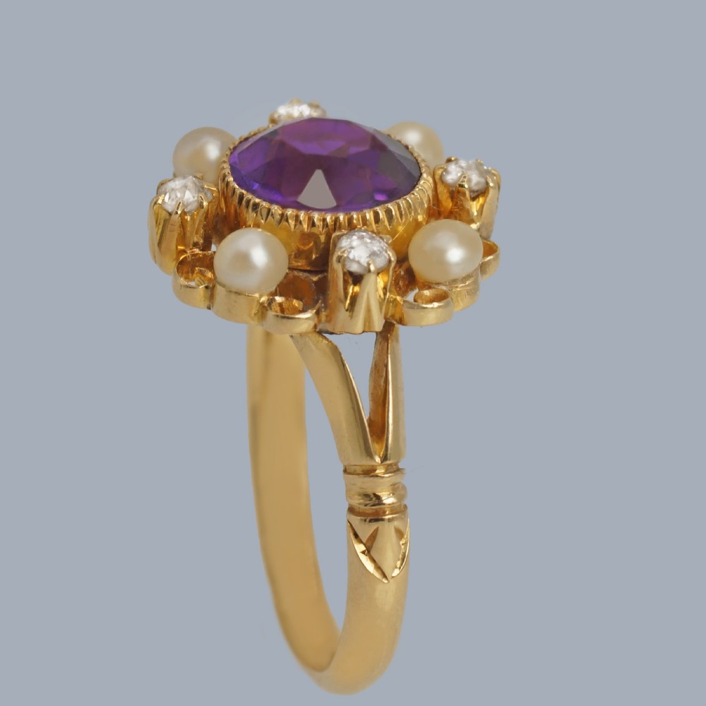 Amethyst, Pearl and Diamond Cluster Ring in 18ct Gold 1950s Victorian Revival View IV