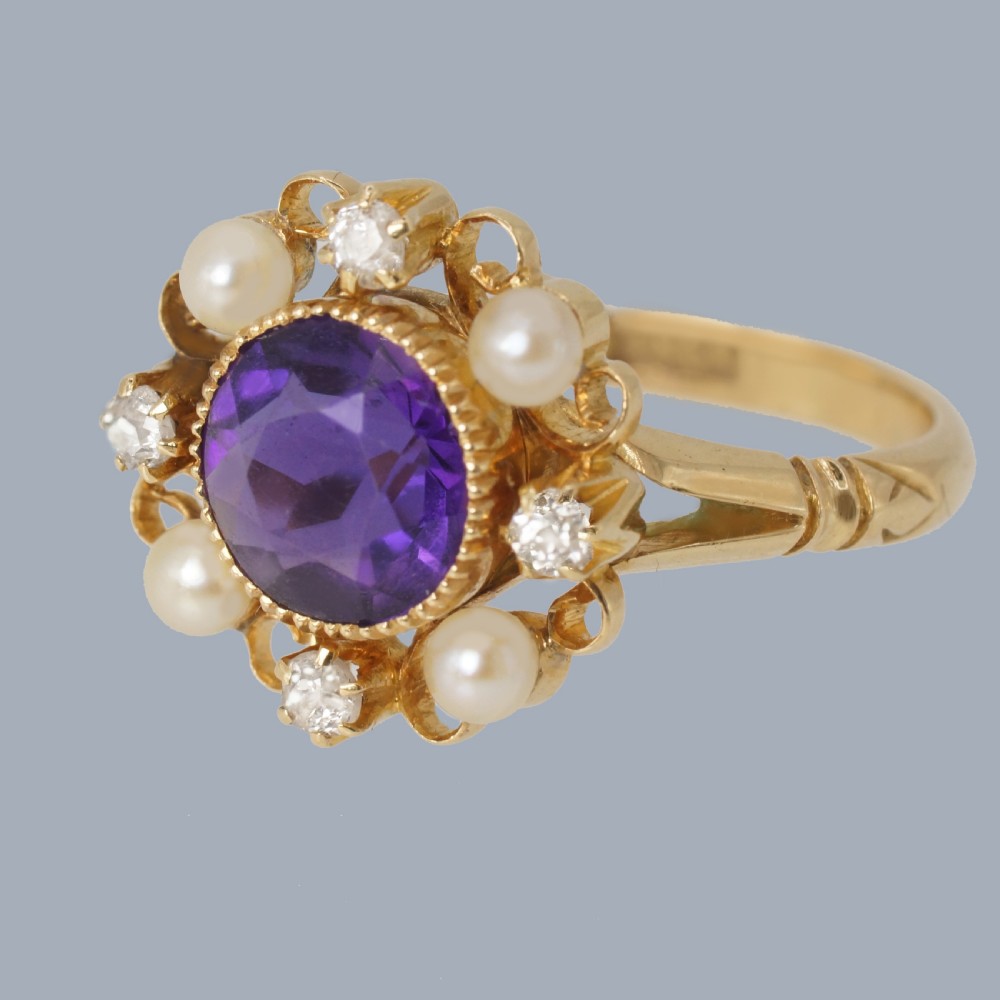 Amethyst, Pearl and Diamond Cluster Ring in 18ct Gold 1950s Victorian Revival View V