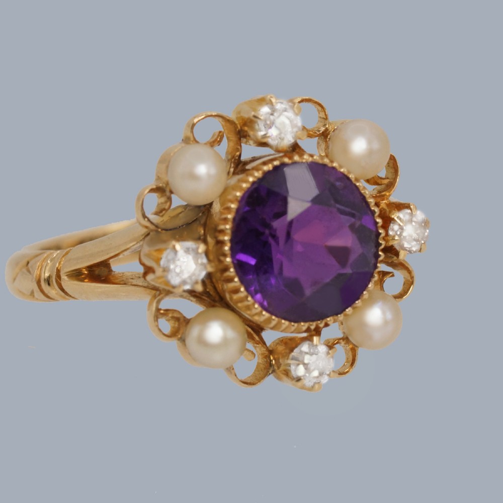 Amethyst, Pearl and Diamond Cluster Ring in 18ct Gold 1950s Victorian Revival View VI