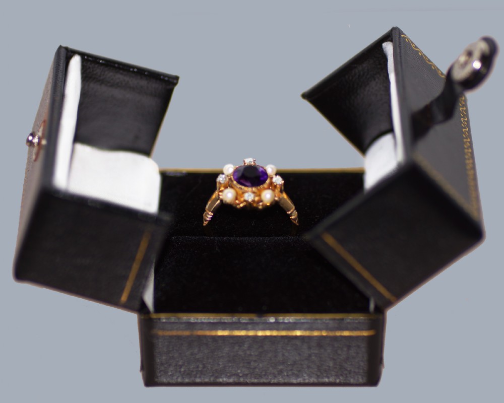 Amethyst, Pearl and Diamond Cluster Ring in 18ct Gold 1950s Victorian Revival View VII