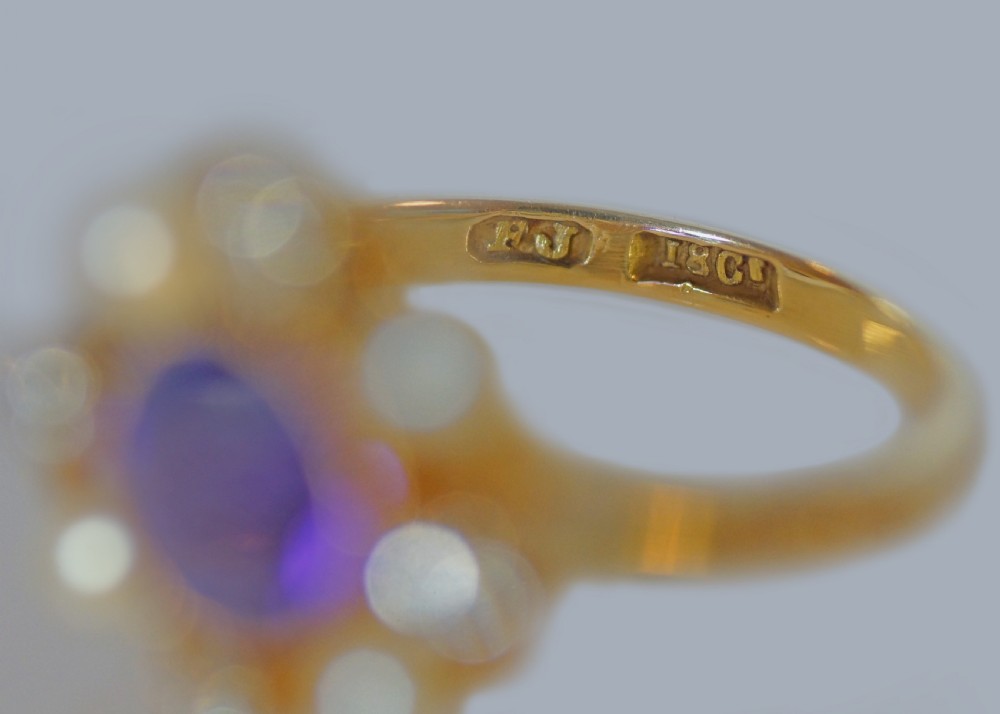 Amethyst, Pearl and Diamond Cluster Ring in 18ct Gold 1950s Victorian Revival View VIII