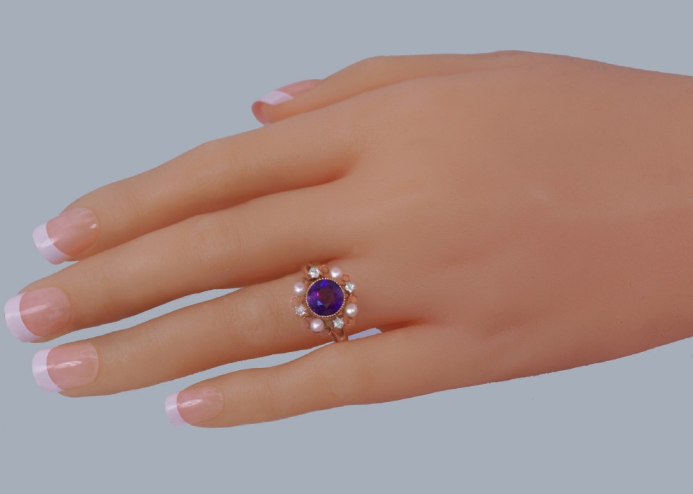 Amethyst, Pearl and Diamond Cluster Ring in 18ct Gold 1950s Victorian Revival View IX
