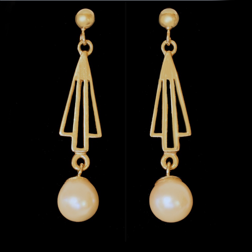 A pair of 9ct yellow gold drop earrings with geometric openwork triangular motifs suspending round cream pearls. View III