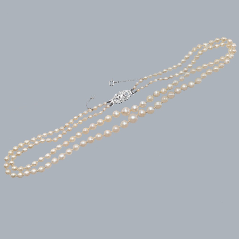 Art Deco Double Strand Pearl Necklace with Diamond Clasp