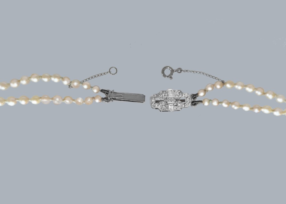 Art Deco Double Strand Pearl Necklace with Diamond Clasp View V