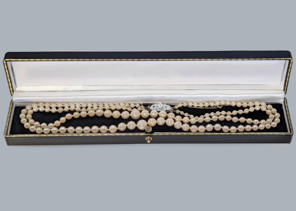 Art Deco Double Strand Pearl Necklace with Diamond Clasp View VI