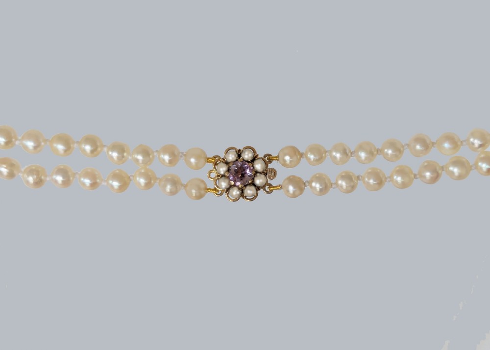 Vintage Double Strand Pearl Necklace – 9ct Gold Amethyst & Split Pearl Clasp View IV