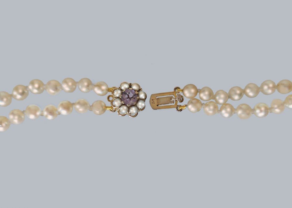 Vintage Double Strand Pearl Necklace – 9ct Gold Amethyst & Split Pearl Clasp View V