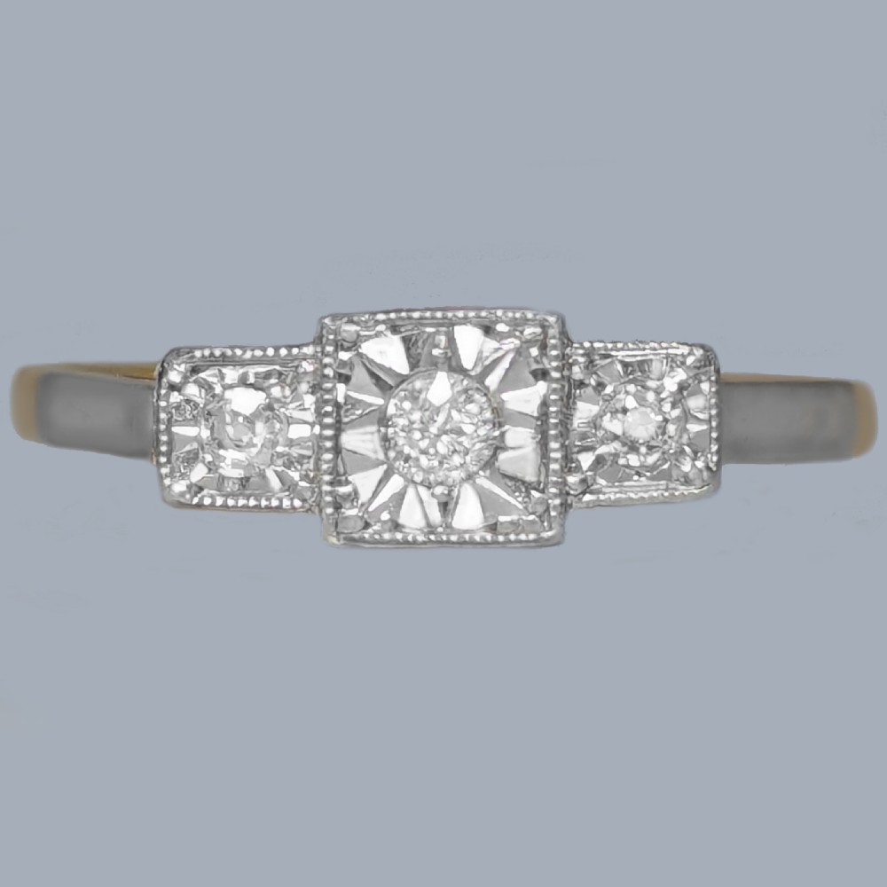 Art Deco Diamond Trilogy Ring 18ct Gold Platinum Illusion Setting