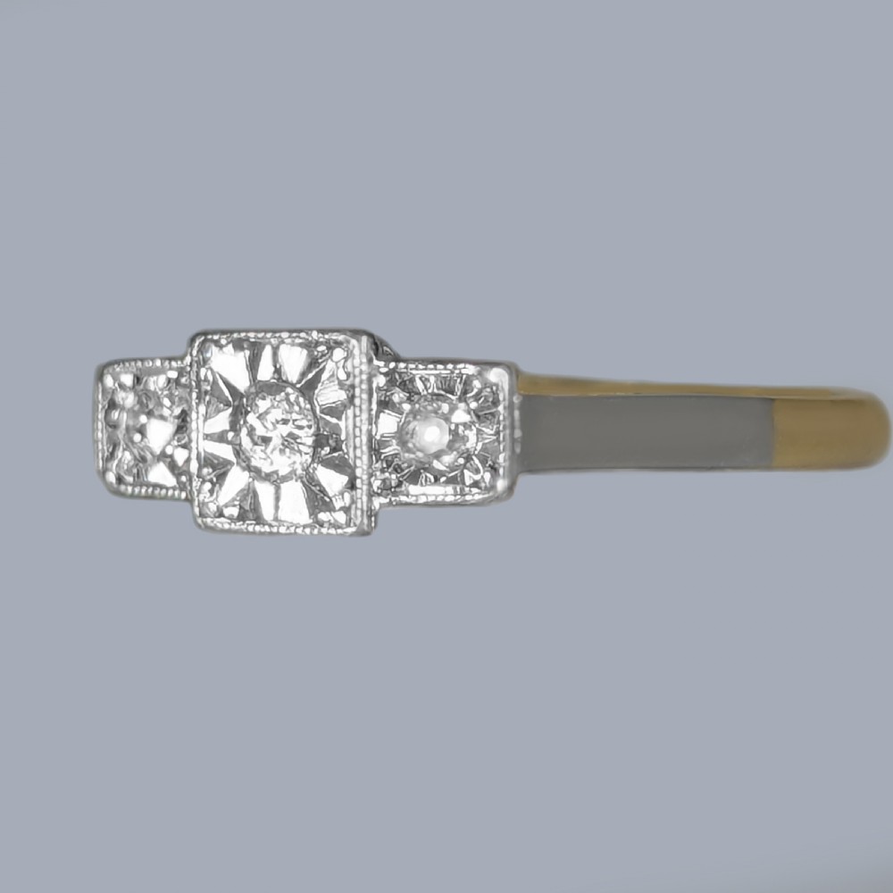 Art Deco Diamond Trilogy Ring 18ct Gold Platinum Illusion Setting View III