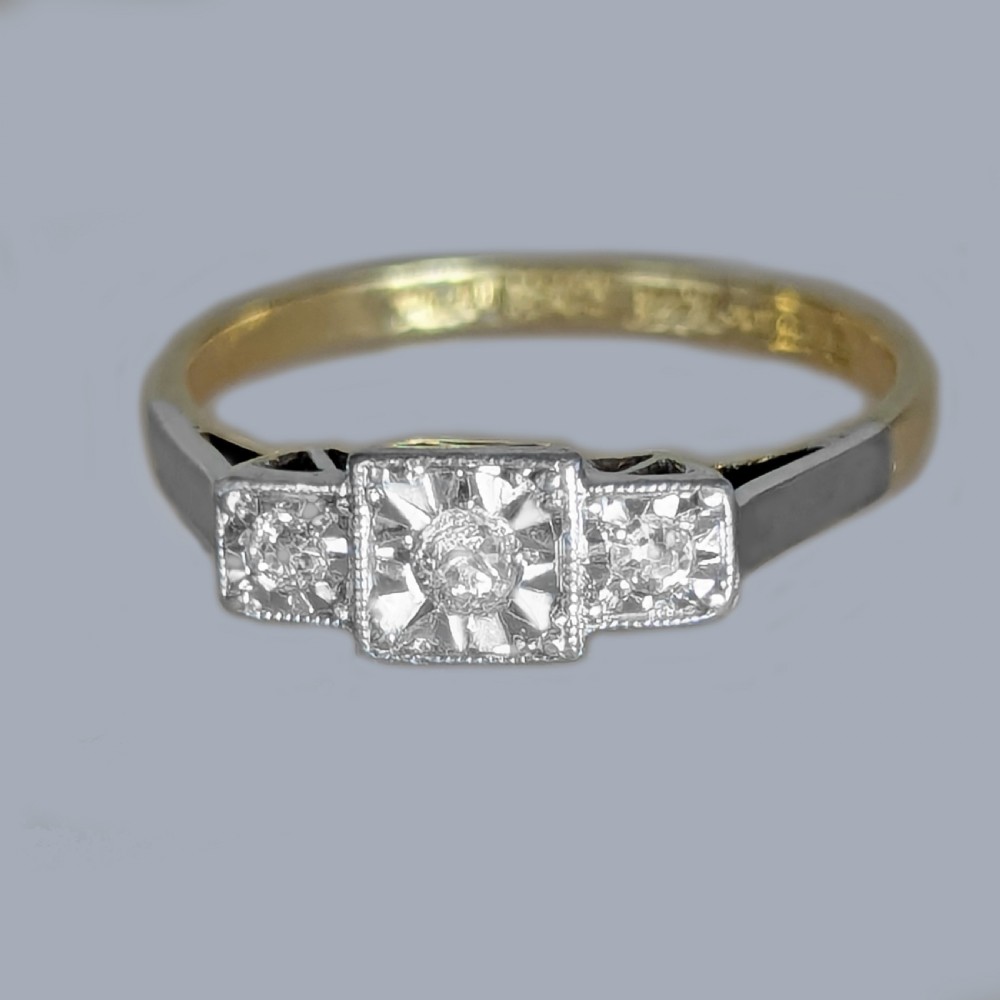 Art Deco Diamond Trilogy Ring 18ct Gold Platinum Illusion Setting View IV