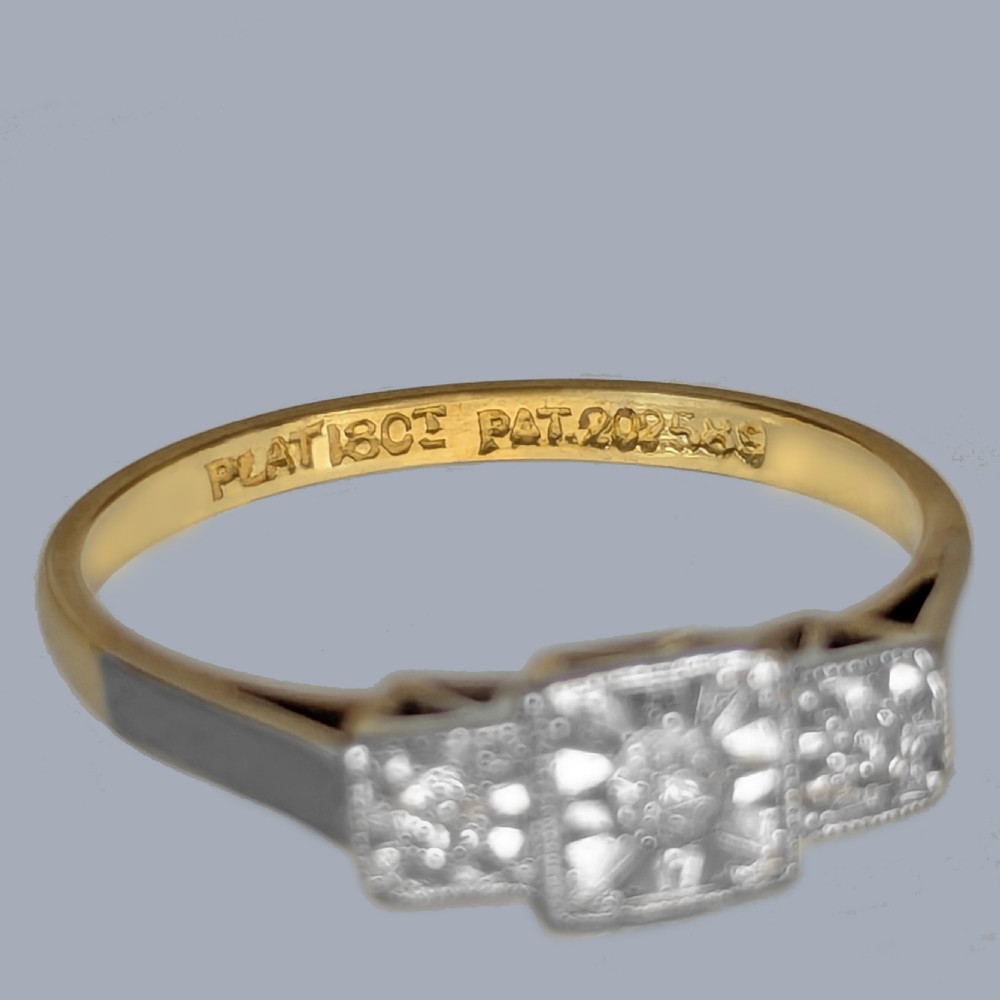 Art Deco Diamond Trilogy Ring 18ct Gold Platinum Illusion Setting View V