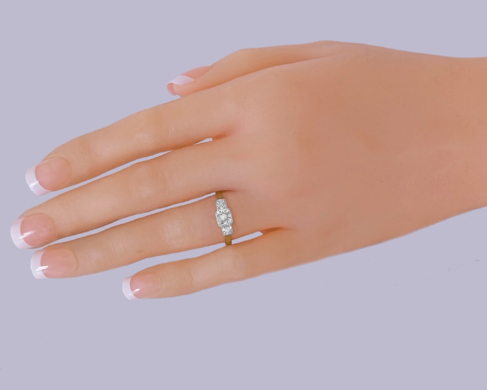 Art Deco Diamond Trilogy Ring 18ct Gold Platinum Illusion Setting View IX