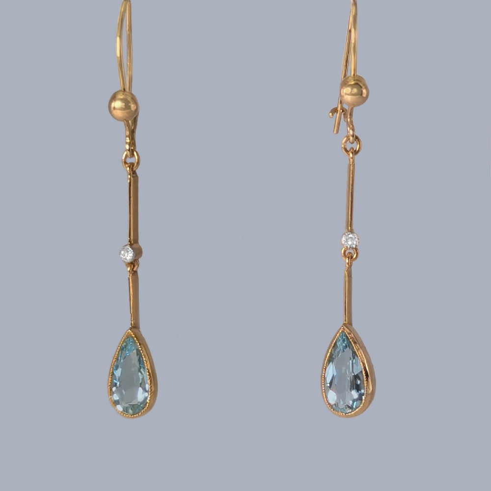 Vintage Aquamarine and Diamond Drop Earrings 18ct Gold